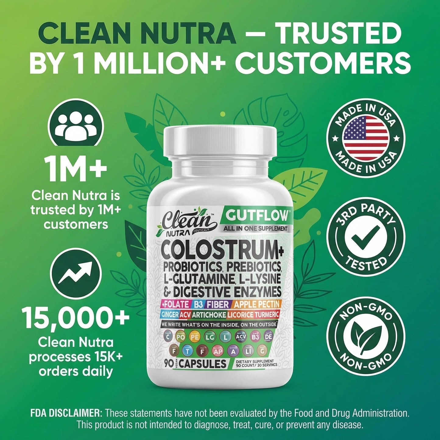 Clean Nutraceuticals Colostrum Supplement Capsules Probiotics Pills Prebiotics, L-Glutamine, Digestive Enzymes, Folate, Fiber, ACV, Turmeric, Apple Pectin and Turmeric Pills - Maple Wellness Supplements