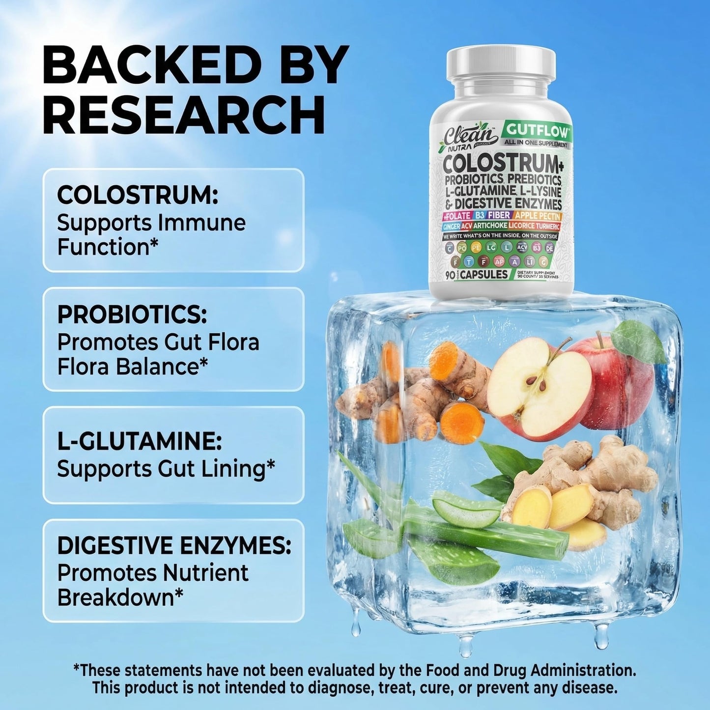 Clean Nutraceuticals Colostrum Supplement Capsules Probiotics Pills Prebiotics, L-Glutamine, Digestive Enzymes, Folate, Fiber, ACV, Turmeric, Apple Pectin and Turmeric Pills - Maple Wellness Supplements