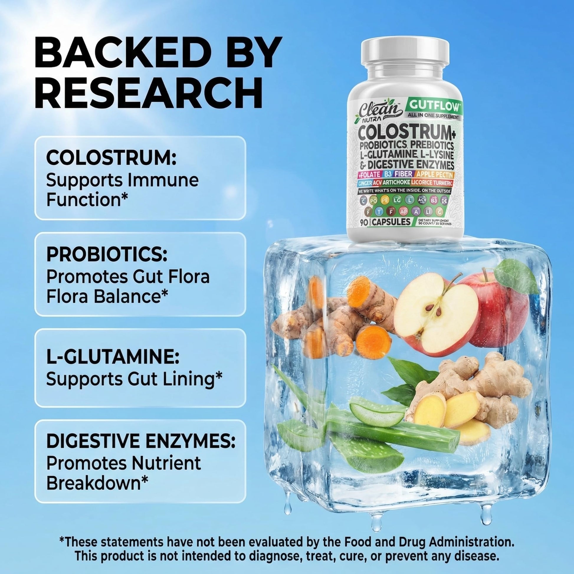 Clean Nutraceuticals Colostrum Supplement Capsules Probiotics Pills Prebiotics, L-Glutamine, Digestive Enzymes, Folate, Fiber, ACV, Turmeric, Apple Pectin and Turmeric Pills - Maple Wellness Supplements