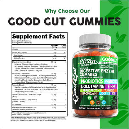 Clean Nutraceuticals Digestive Enzymes with Probiotics & Prebiotics for Digestive Health Gummies & L-Glutamine for Gut Health Bromelain Apple Pectin Inulin FOS Plant - Maple Wellness Supplements