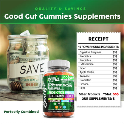 Clean Nutraceuticals Digestive Enzymes with Probiotics & Prebiotics for Digestive Health Gummies & L-Glutamine for Gut Health Bromelain Apple Pectin Inulin FOS Plant - Maple Wellness Supplements