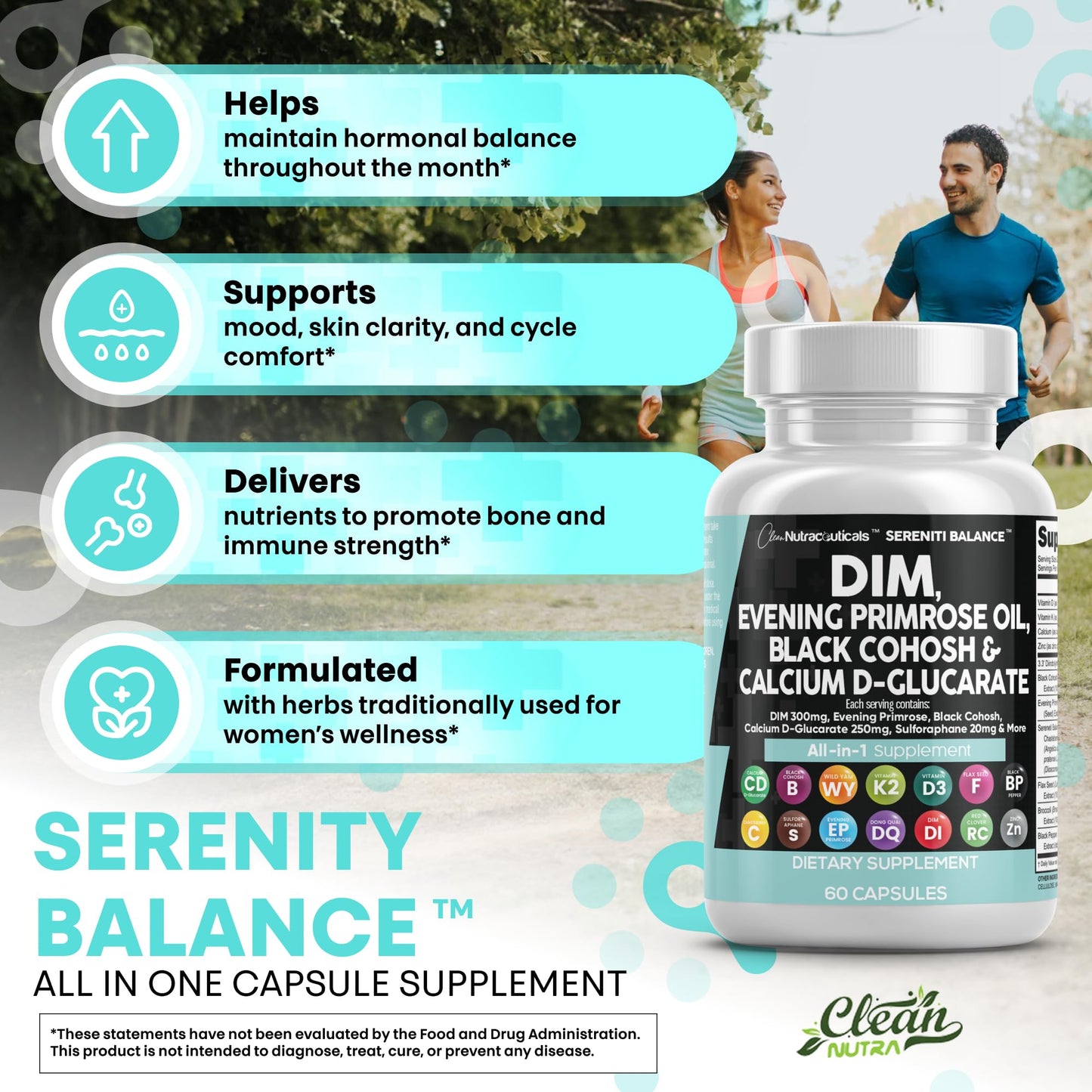 Clean Nutraceuticals DIM Evening Primrose Black Cohosh Calcium D-Glucarate Sulforaphane Flax Seed Extract - Hormonal Support Vitamins for Women with Dong Quai - 60 Caps - Maple Wellness Supplements