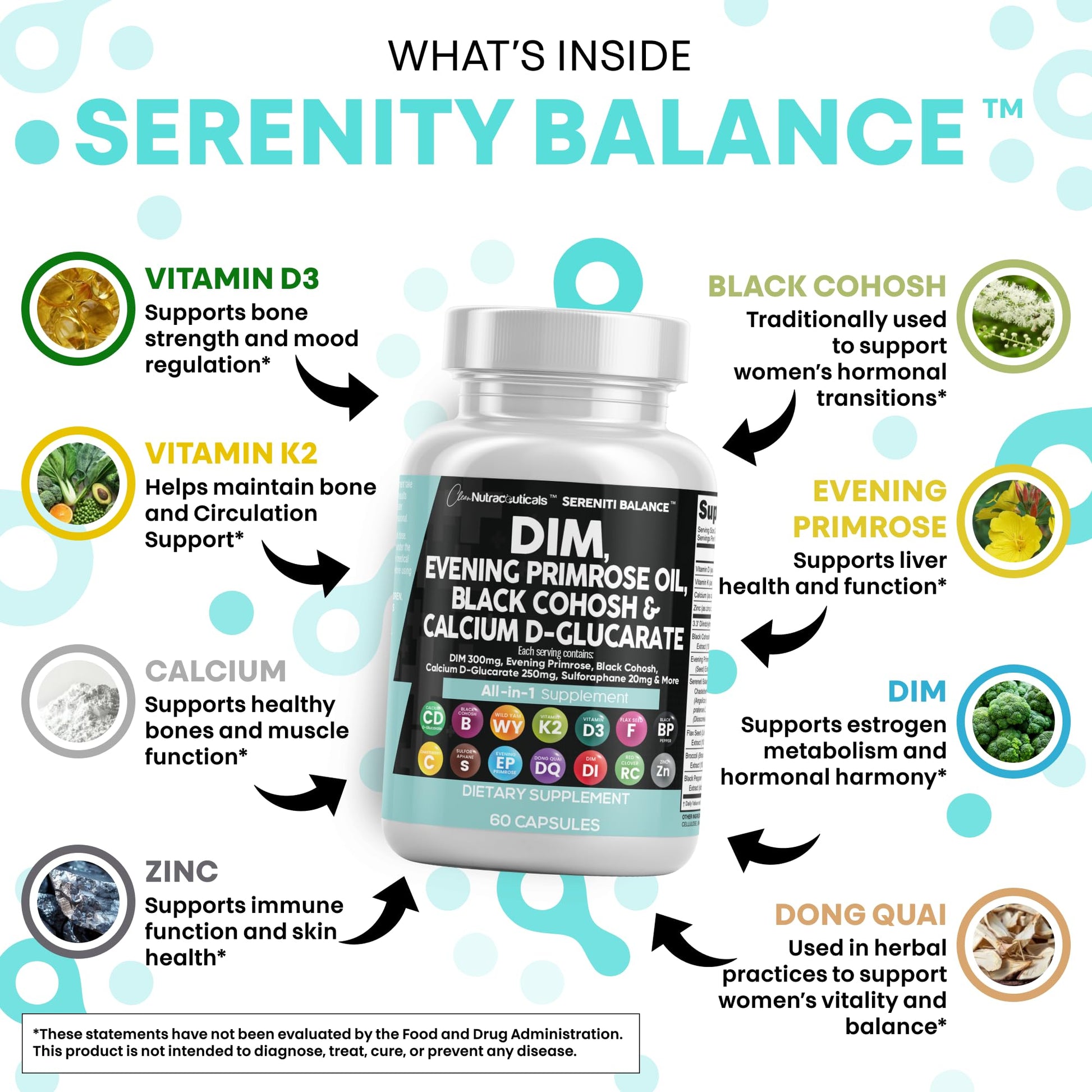 Clean Nutraceuticals DIM Evening Primrose Black Cohosh Calcium D-Glucarate Sulforaphane Flax Seed Extract - Hormonal Support Vitamins for Women with Dong Quai - 60 Caps - Maple Wellness Supplements