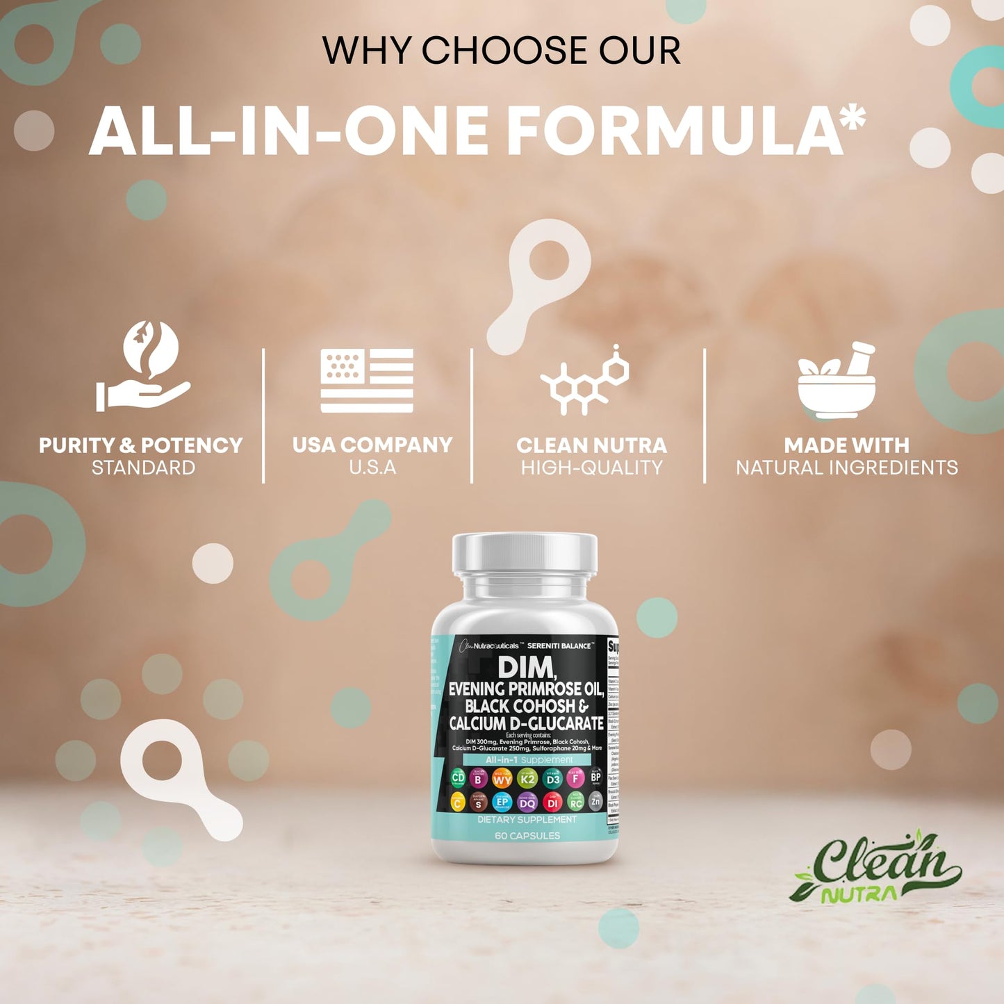 Clean Nutraceuticals DIM Evening Primrose Black Cohosh Calcium D-Glucarate Sulforaphane Flax Seed Extract - Hormonal Support Vitamins for Women with Dong Quai - 60 Caps - Maple Wellness Supplements