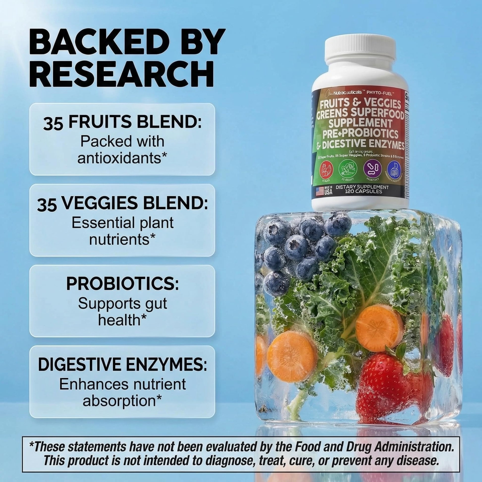 Clean Nutraceuticals Fruits and Veggies Supplement Reds & Green Superfood - Balance of Over 70 Fruit & Vegetable Supplements Capsules with Probiotics Prebiotics - Maple Wellness Supplements