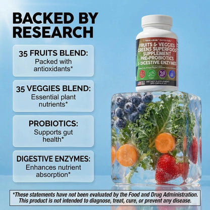 Clean Nutraceuticals Fruits and Veggies Supplement Reds & Green Superfood - Balance of Over 70 Fruit & Vegetable Supplements Capsules with Probiotics Prebiotics - Maple Wellness Supplements