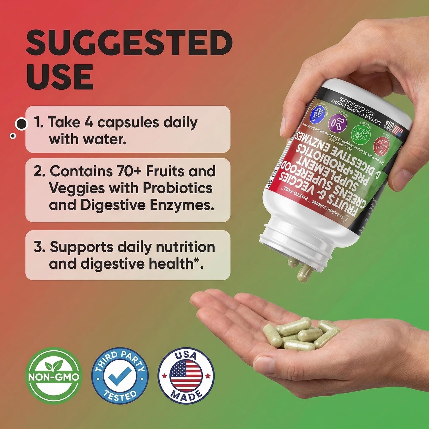 Clean Nutraceuticals Fruits and Veggies Supplement Reds & Green Superfood - Balance of Over 70 Fruit & Vegetable Supplements Capsules with Probiotics Prebiotics - Maple Wellness Supplements
