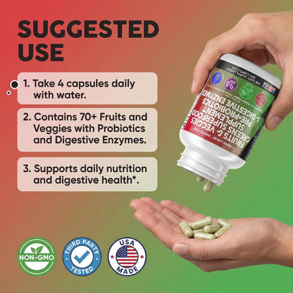 Clean Nutraceuticals Fruits and Veggies Supplement Reds & Green Superfood - Balance of Over 70 Fruit & Vegetable Supplements Capsules with Probiotics Prebiotics - Maple Wellness Supplements