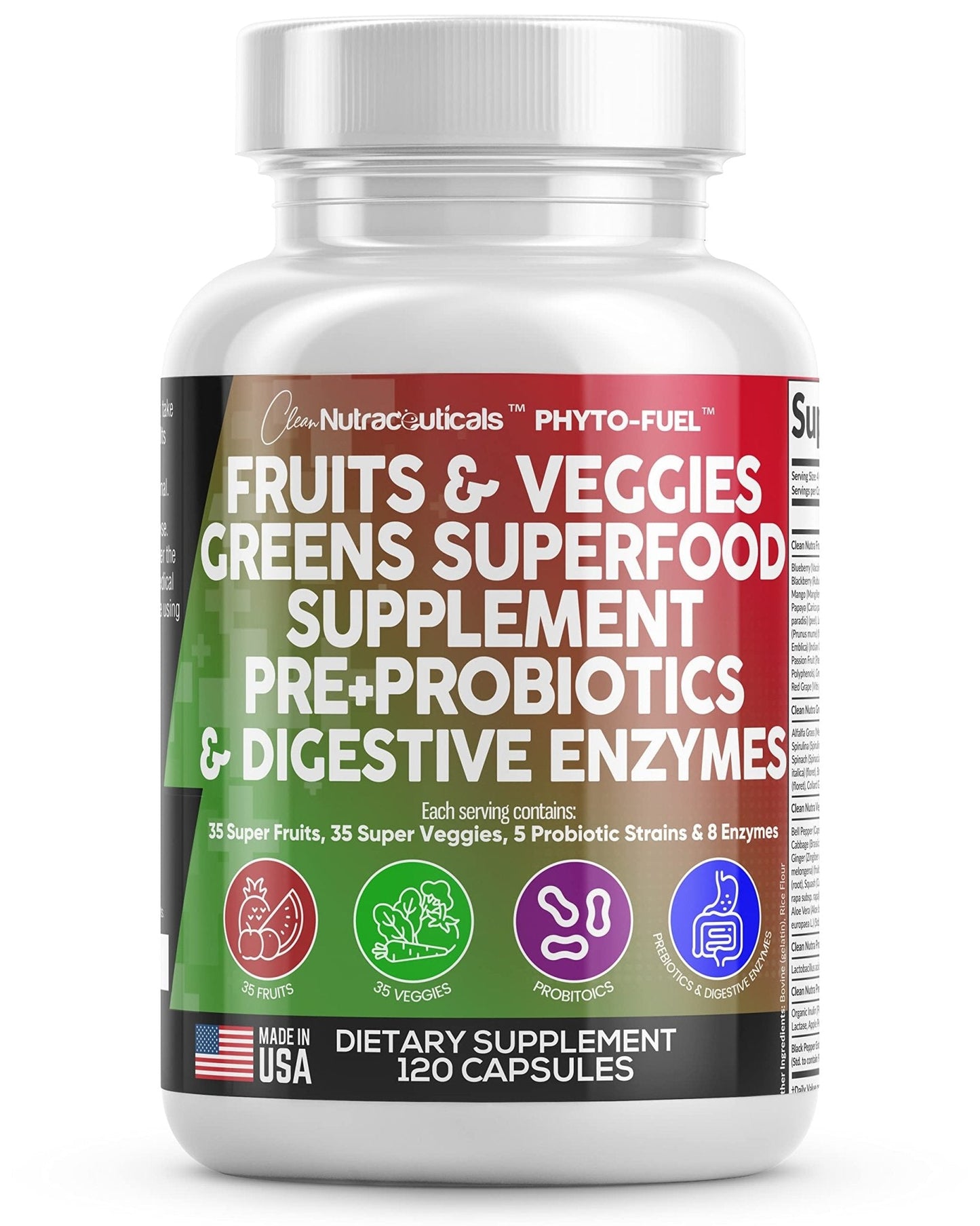 Clean Nutraceuticals Fruits and Veggies Supplement Reds & Green Superfood - Balance of Over 70 Fruit & Vegetable Supplements Capsules with Probiotics Prebiotics - Maple Wellness Supplements