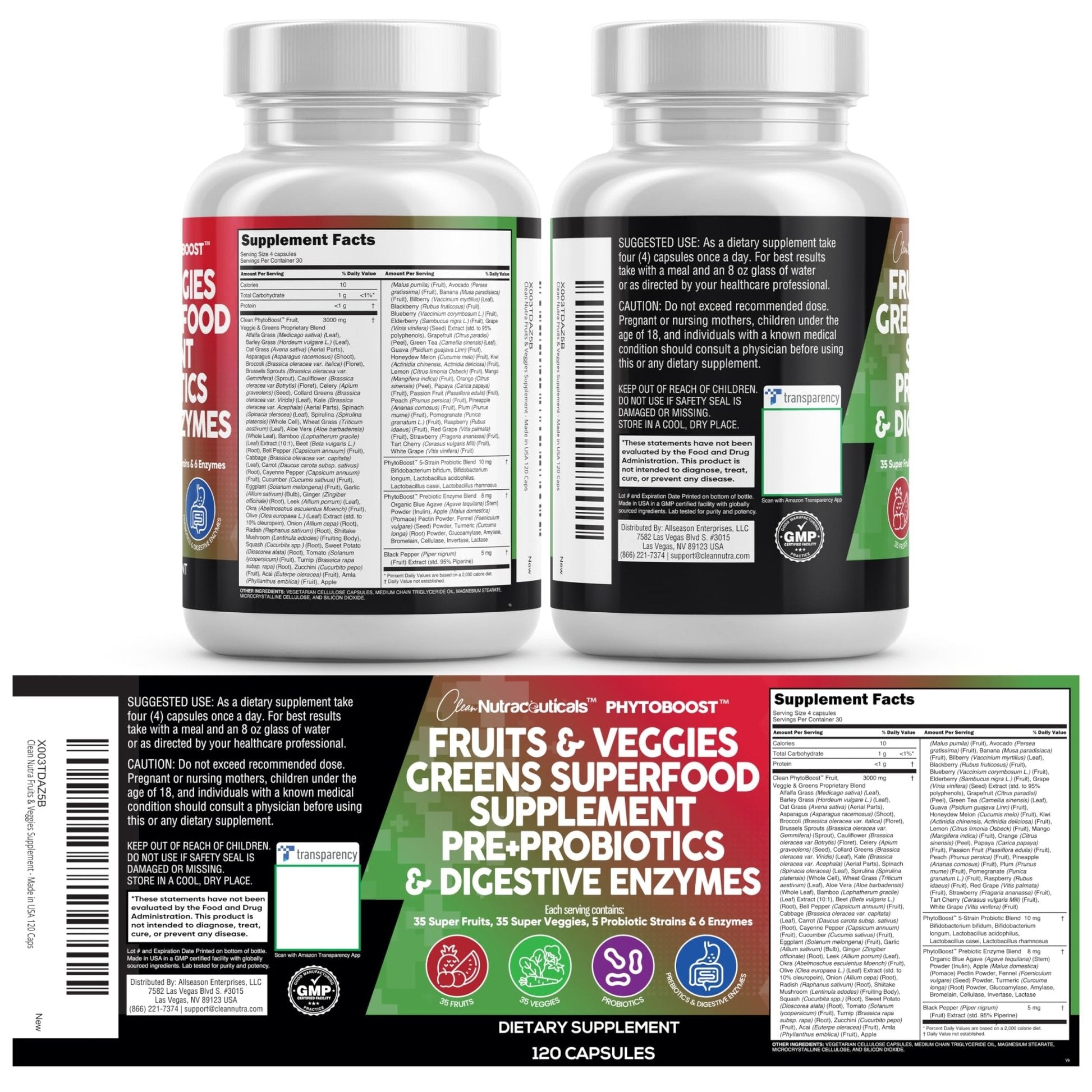 Clean Nutraceuticals Fruits and Veggies Supplement Reds & Green Superfood - Balance of Over 70 Fruit & Vegetable Supplements Capsules with Probiotics Prebiotics - Maple Wellness Supplements