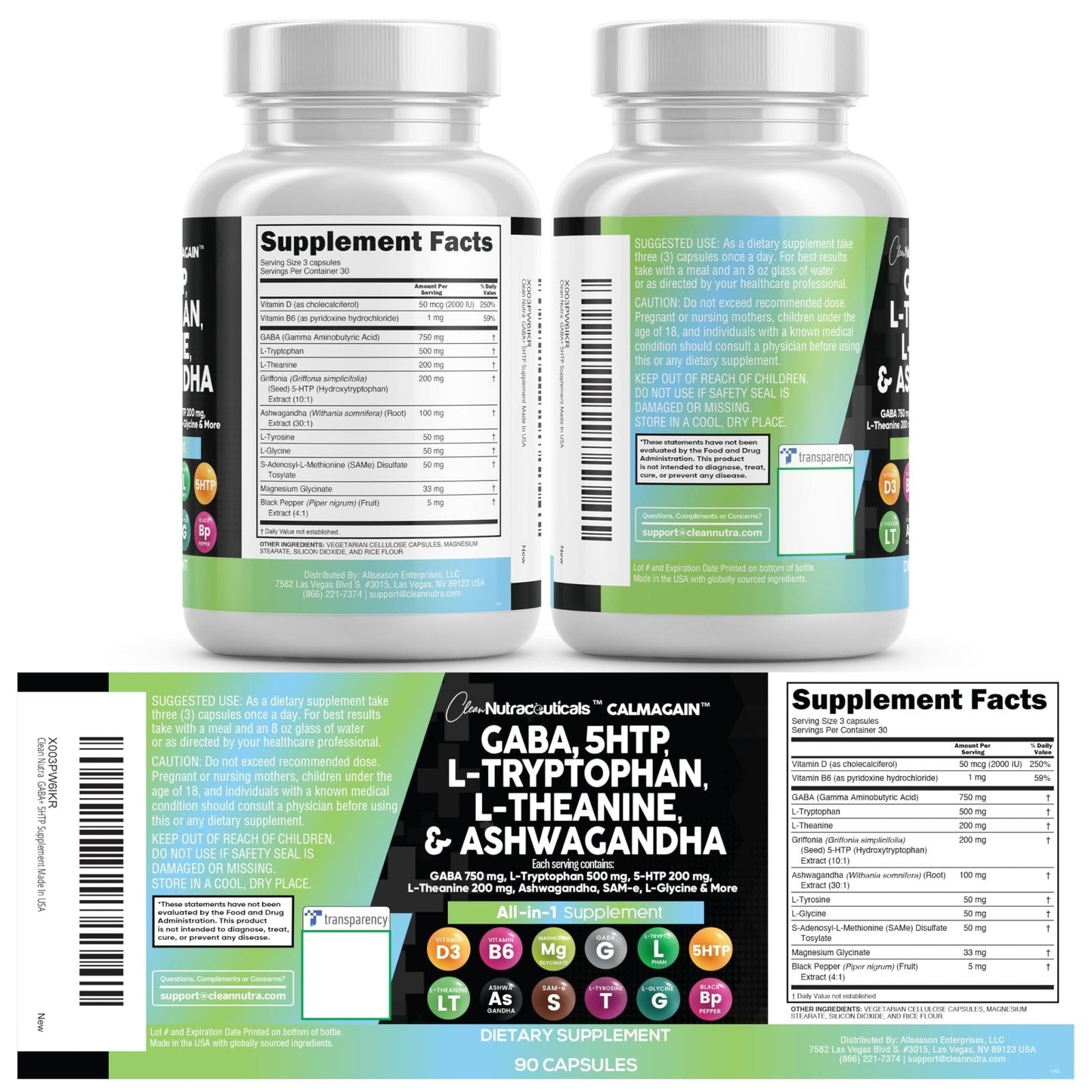 Clean Nutraceuticals GABA 750mg 5 HTP 200mg L Tryptophan 500mg L Theanine 200mg Ashwagandha SAM-e L-Glycine - Mood Support Vitamins for Women and Men with L-Tyrosine 5-HTP (5-Hydroxytryptophan) - Maple Wellness Supplements