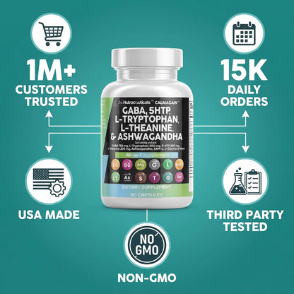 Clean Nutraceuticals GABA 750mg 5 HTP 200mg L Tryptophan 500mg L Theanine 200mg Ashwagandha SAM-e L-Glycine - Mood Support Vitamins for Women and Men with L-Tyrosine 5-HTP (5-Hydroxytryptophan) - Maple Wellness Supplements
