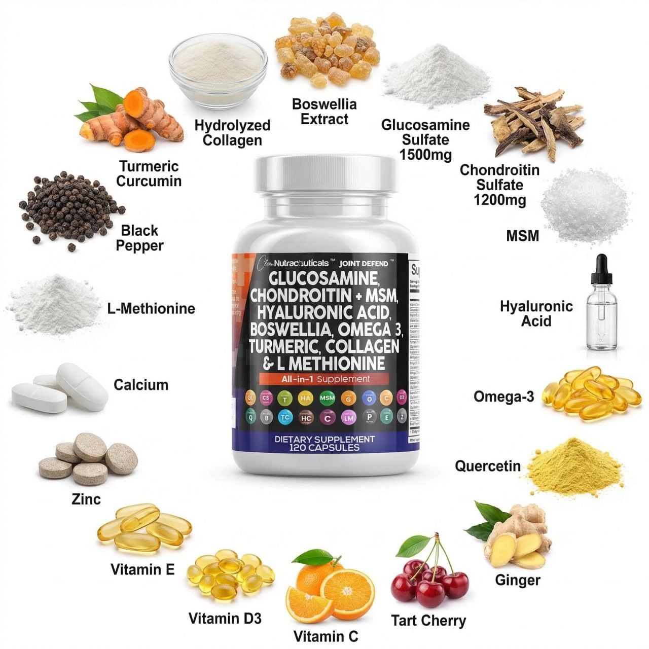 Clean Nutraceuticals Glucosamine 1500mg Chondroitin 1200mg MSM with Turmeric Curcumin, Collagen, Hyaluronic Acid, Omega 3 – Joint Health Supplement for Men & Women - Maple Wellness Supplements
