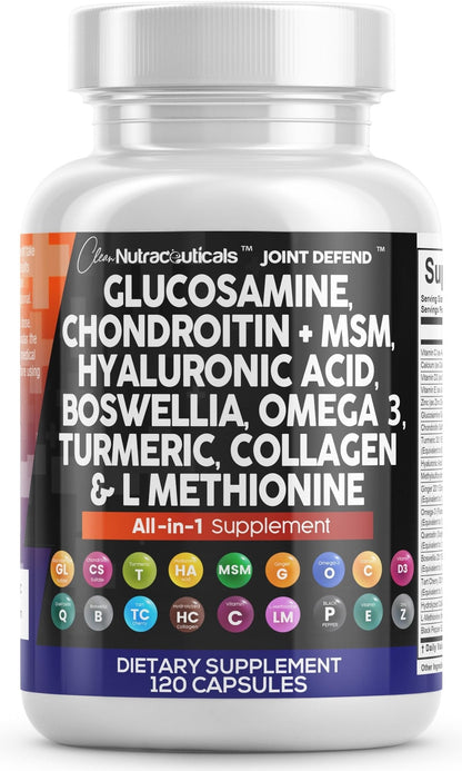 Clean Nutraceuticals Glucosamine 1500mg Chondroitin 1200mg MSM with Turmeric Curcumin, Collagen, Hyaluronic Acid, Omega 3 – Joint Health Supplement for Men & Women - Maple Wellness Supplements