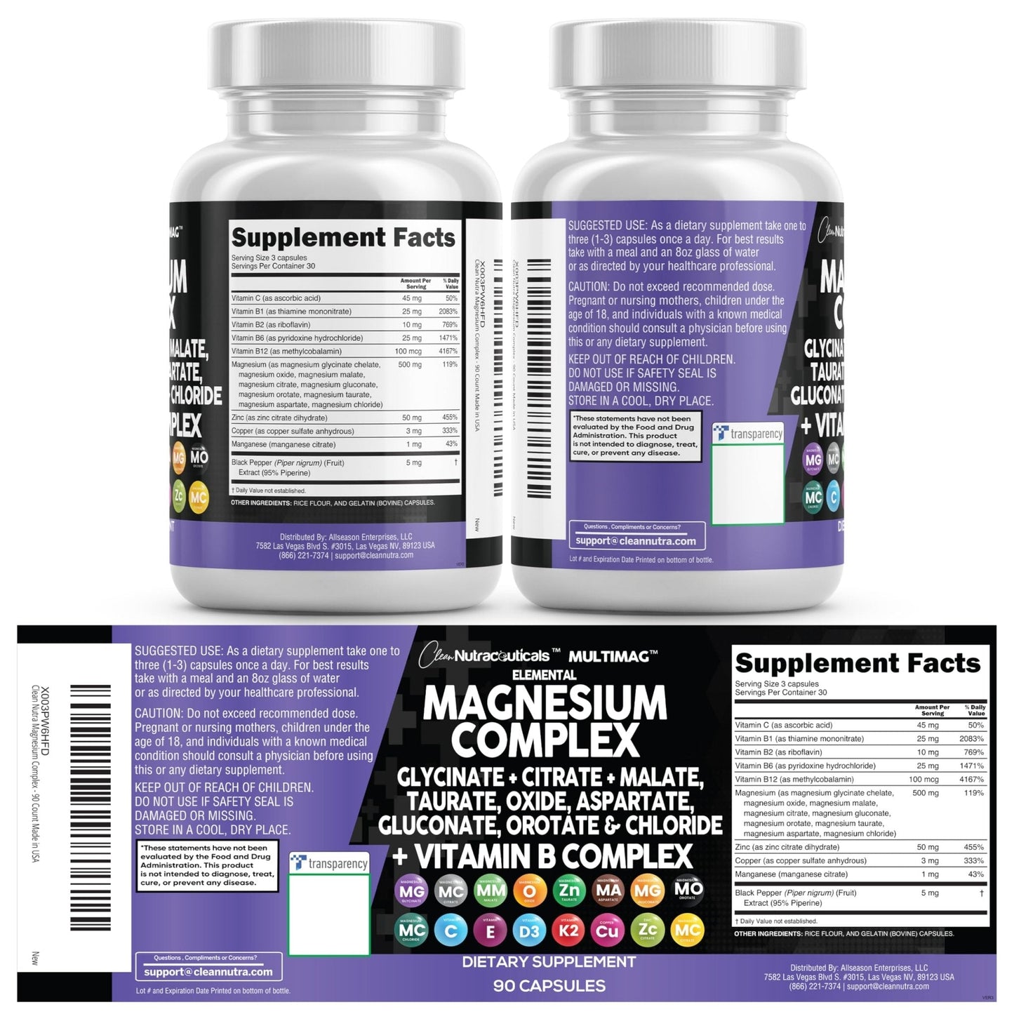 Clean Nutraceuticals Magnesium Complex with Magnesium Glycinate Citrate Malate Oxide Taurate Aspartate Orotate & Mag Chloride, Zinc Copper Manganese (90 Count (Pack of 2)) - Maple Wellness Supplements