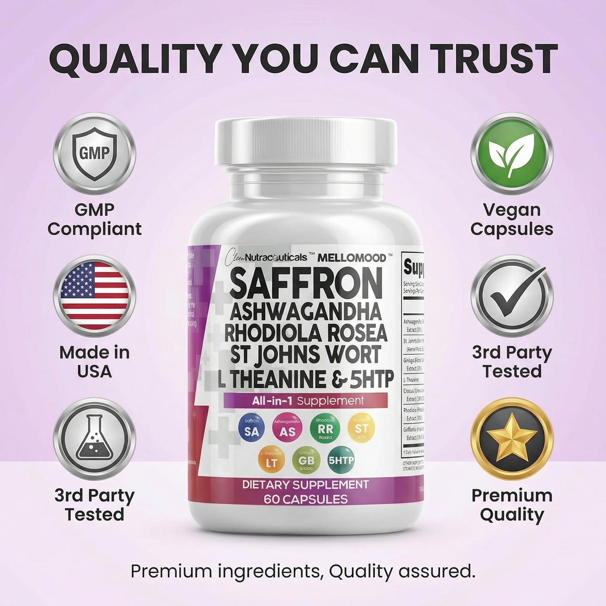 Clean Nutraceuticals Saffron Supplements Extract 100mg + Ashwagandha L-Theanine 200mg - Mood Support Ginkgo Biloba, St. John's Wort, Rhodiola Rosea & 5-HTP Capsules Pills Men Women - Maple Wellness Supplements