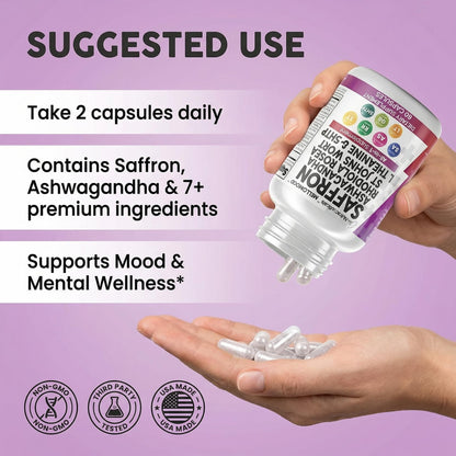 Clean Nutraceuticals Saffron Supplements Extract 100mg + Ashwagandha L-Theanine 200mg - Mood Support Ginkgo Biloba, St. John's Wort, Rhodiola Rosea & 5-HTP Capsules Pills Men Women - Maple Wellness Supplements