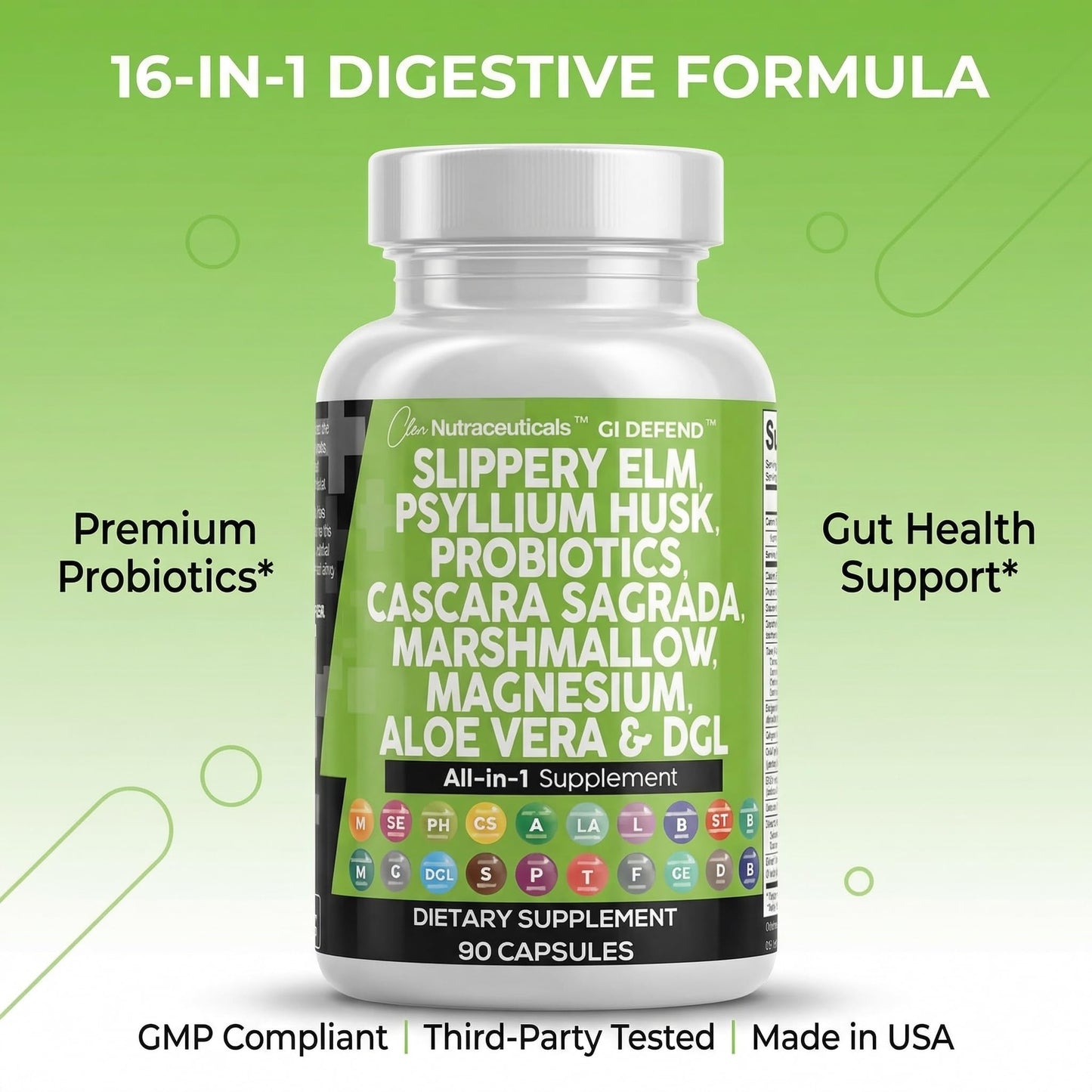 Clean Nutraceuticals Slippery Elm Psyllium Husk Pre Probiotic Digestive Gut Health Supplement with Aloe Vera Cascara Sagrada - Maple Wellness Supplements