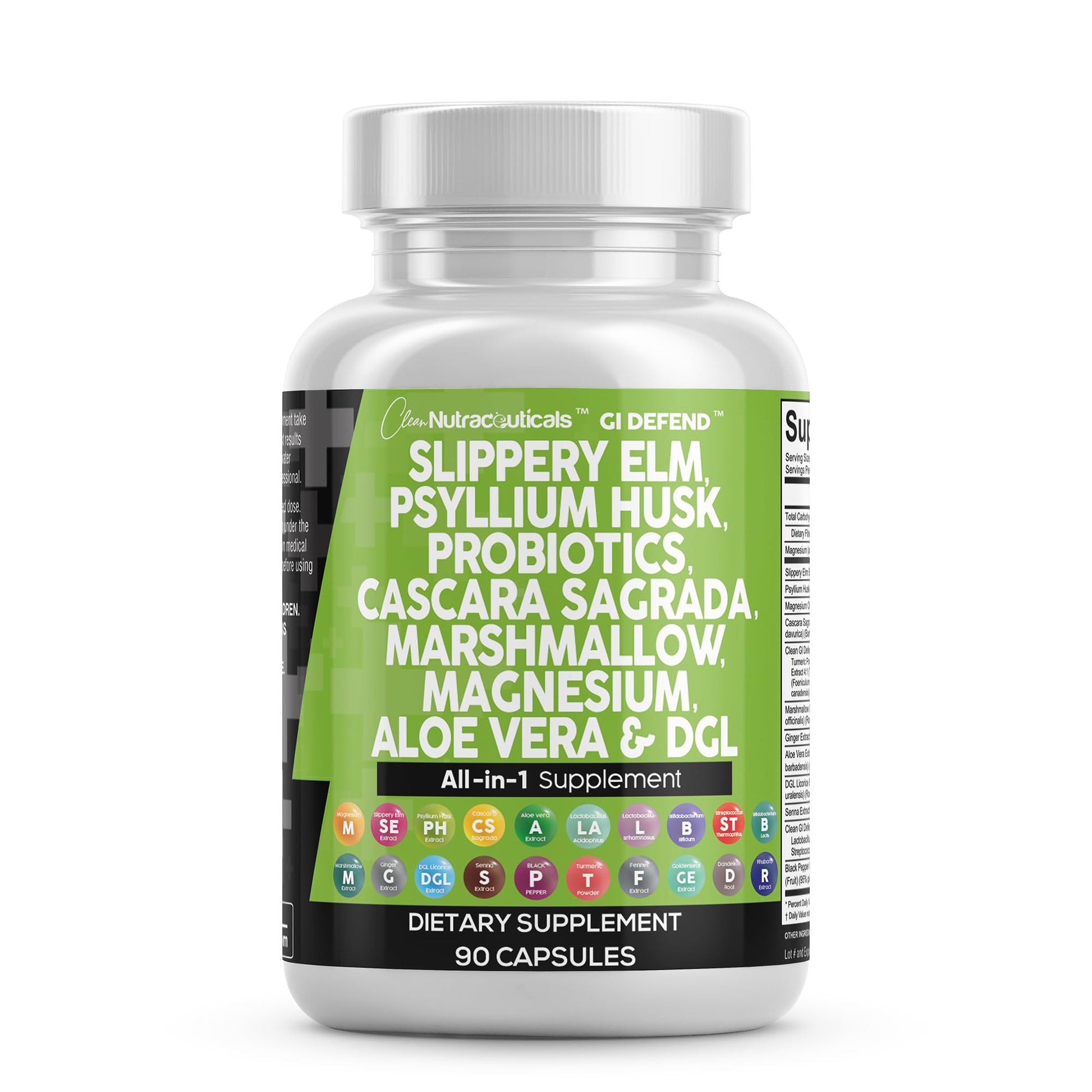 Clean Nutraceuticals Slippery Elm Psyllium Husk Pre Probiotic Digestive Gut Health Supplement with Aloe Vera Cascara Sagrada - Maple Wellness Supplements