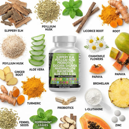 Clean Nutraceuticals Slippery Elm Psyllium Husk Pre Probiotic Digestive Gut Health Supplement with Aloe Vera Cascara Sagrada - Maple Wellness Supplements