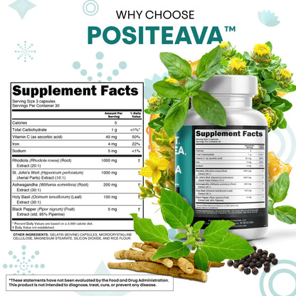 Clean Nutraceuticals St Johns Wort Rhodiola Rosea Holy Basil Ashwagandha - Mood Support for Women and Men with Vitamin C & Black Pepper Extract - 90 Caps - Maple Wellness Supplements