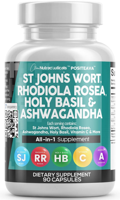 Clean Nutraceuticals St Johns Wort Rhodiola Rosea Holy Basil Ashwagandha - Mood Support for Women and Men with Vitamin C & Black Pepper Extract - 90 Caps - Maple Wellness Supplements