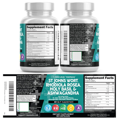 Clean Nutraceuticals St Johns Wort Rhodiola Rosea Holy Basil Ashwagandha - Mood Support for Women and Men with Vitamin C & Black Pepper Extract - 90 Caps - Maple Wellness Supplements