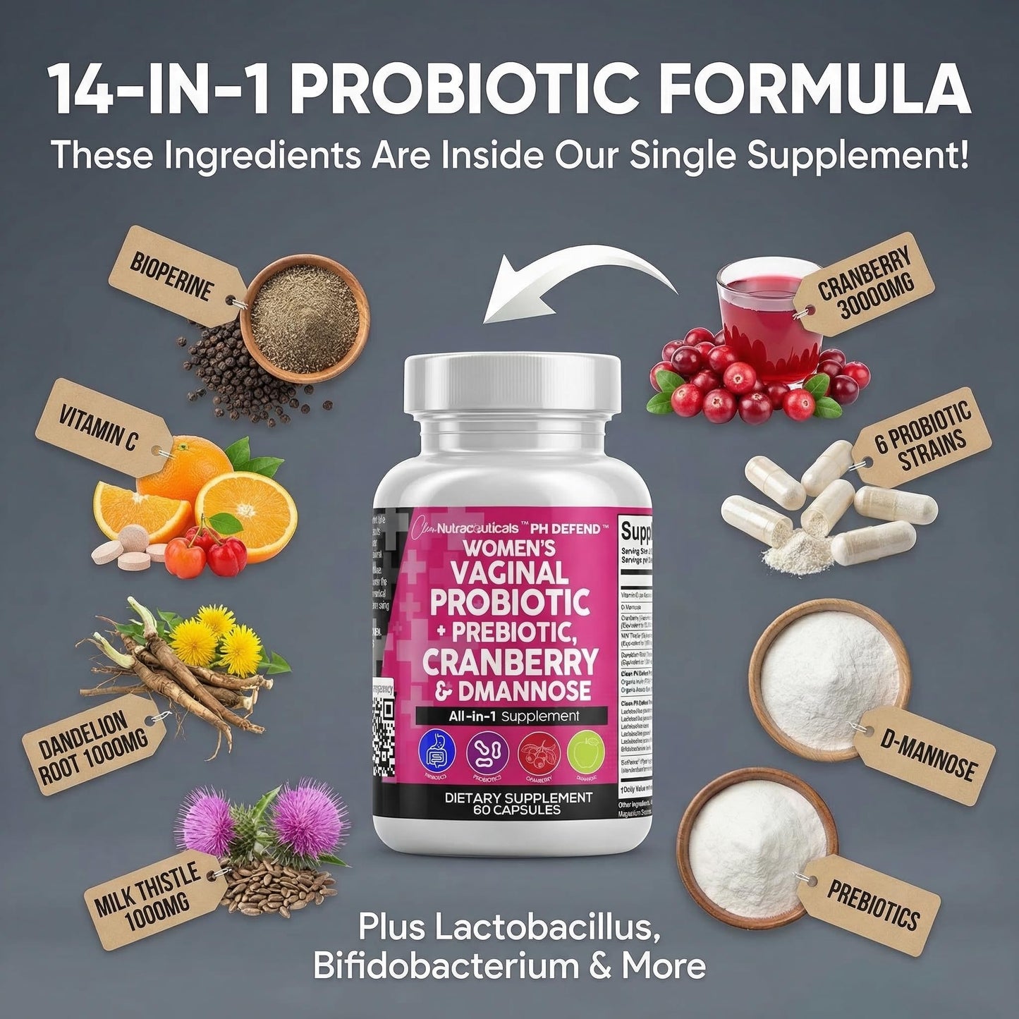 Clean Nutraceuticals Vaginal Probiotics for Women with Cranberry, D-Mannose, Prebiotics, pH Balance Support, Feminine Health, Urinary Tract Cleanse - Maple Wellness Supplements