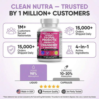 Clean Nutraceuticals Vaginal Probiotics for Women with Cranberry, D-Mannose, Prebiotics, pH Balance Support, Feminine Health, Urinary Tract Cleanse - Maple Wellness Supplements