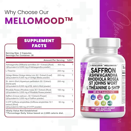 Clean Saffron Supplements with Ashwagandha 8000mg - Mood Support with L-Theanine - Maple Wellness Supplements