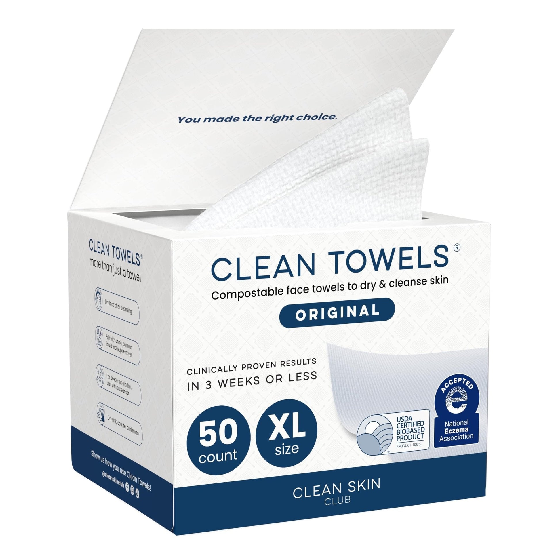 Clean Skin Club Clean Towels XL®, 100% USDA Biobased Face Towel, Disposable Face - Maple Wellness Supplements