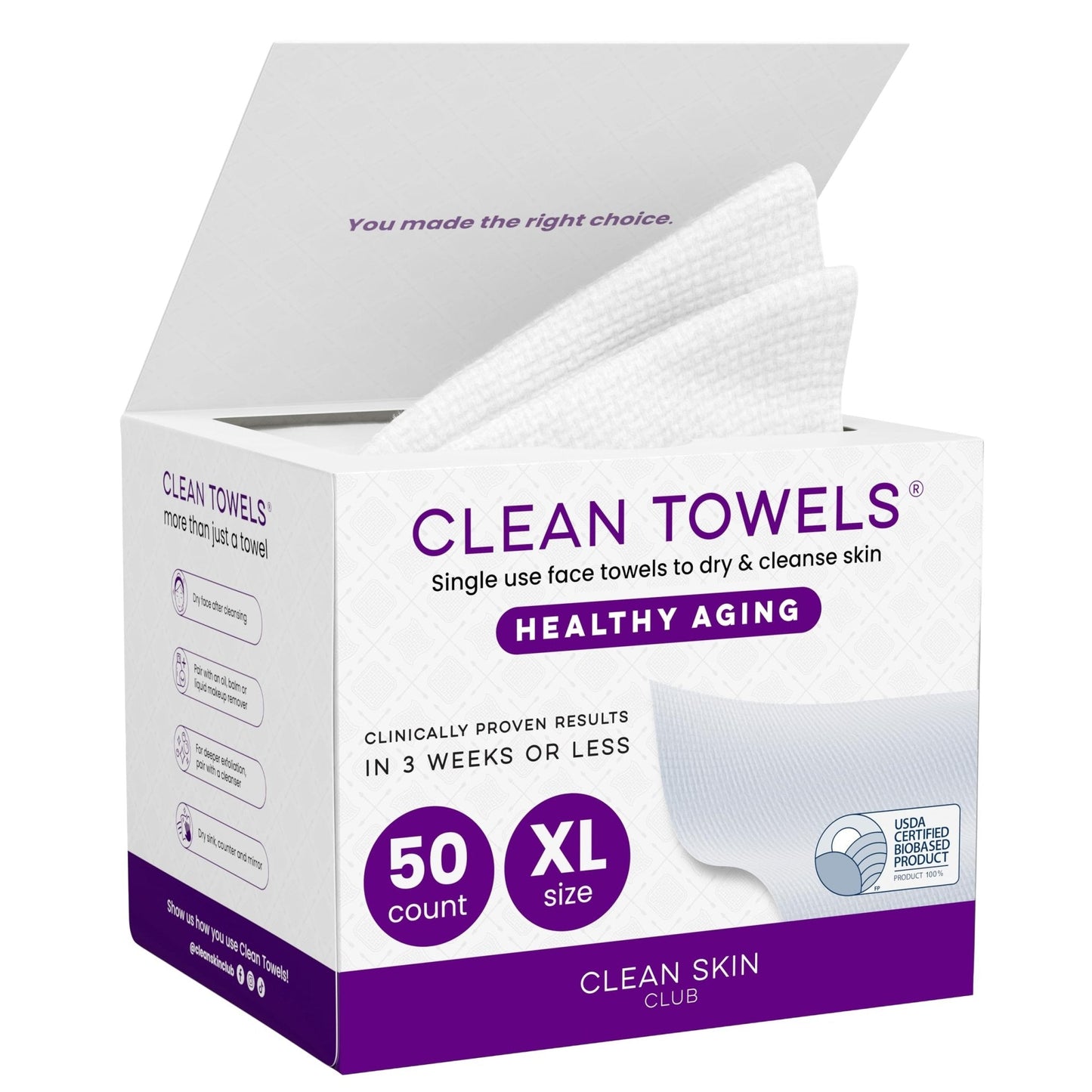CLEAN SKIN CLUB Healthy Aging Clean Towels® XL, Smooths Fine Lines Wrinkles & Texture, Disposable Face Dry Wipes, XL - 1 Pack (50 count) - Maple Wellness Supplements