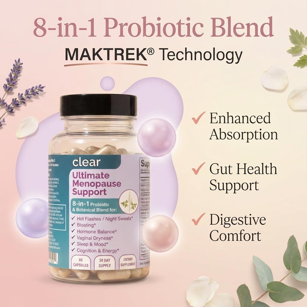 Clear Menopause Support for Women | 25-in-1 Formula with Black Cohosh, Dong Quai, Pre & Probiotics | Hot Flashes, Night Sweats, Mood, Sleep & Digestion | Hormone-Free | Made in USA | 60 Capsules - Maple Wellness Supplements