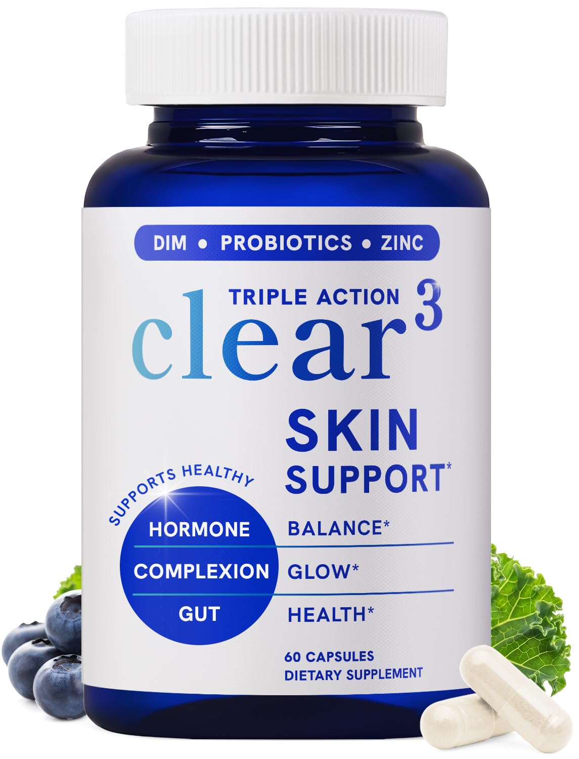 Clear Skin Supplement with Zinc, DIM & Probiotics | 3-in-1 Balance, Glow & Health Skin Support | Triple Action Hyaluronic Acid, Niaciminide & Vitamins for Hormone - Maple Wellness Supplements