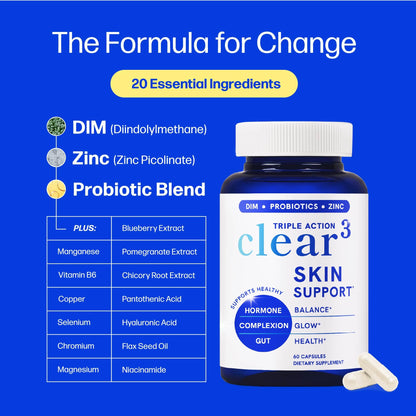 Clear Skin Supplement with Zinc, DIM & Probiotics | 3-in-1 Balance, Glow & Health Skin Support | Triple Action Hyaluronic Acid, Niaciminide & Vitamins for Hormone - Maple Wellness Supplements