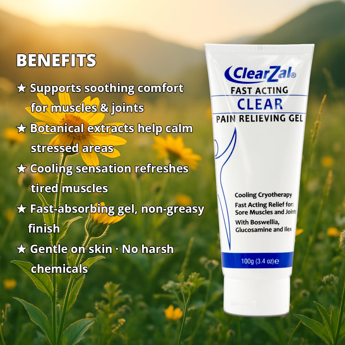 ClearZal Fast Acting Clear Pain Relieving Gel with Cooling Cryotherapy, Boswellia and Glucosamine for Sore Muscles and Joints, Soothing Cooling Gel 3.4 oz - Maple Wellness Supplements