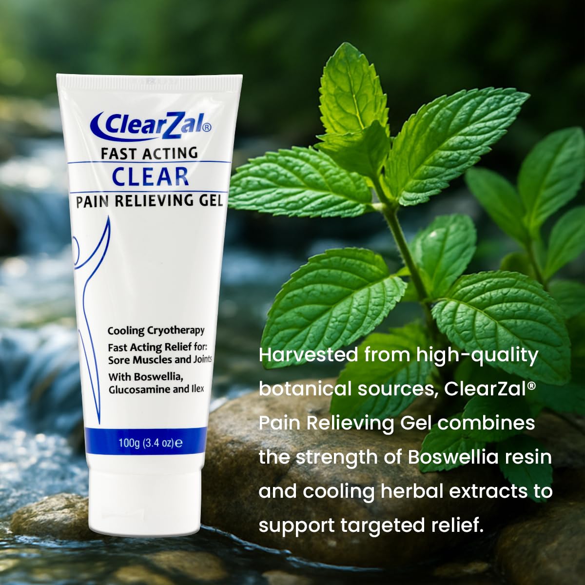 ClearZal Fast Acting Clear Pain Relieving Gel with Cooling Cryotherapy, Boswellia and Glucosamine for Sore Muscles and Joints, Soothing Cooling Gel 3.4 oz - Maple Wellness Supplements