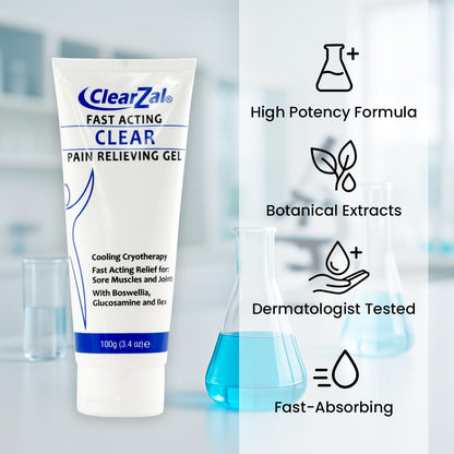 ClearZal Fast Acting Clear Pain Relieving Gel with Cooling Cryotherapy, Boswellia and Glucosamine for Sore Muscles and Joints, Soothing Cooling Gel 3.4 oz - Maple Wellness Supplements