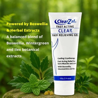 ClearZal Fast Acting Clear Pain Relieving Gel with Cooling Cryotherapy, Boswellia and Glucosamine for Sore Muscles and Joints, Soothing Cooling Gel 3.4 oz - Maple Wellness Supplements