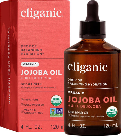 Cliganic Organic Jojoba Oil, 100% Pure (4oz) | Moisturizing for Face, Hair, Skin & Nails - Maple Wellness Supplements
