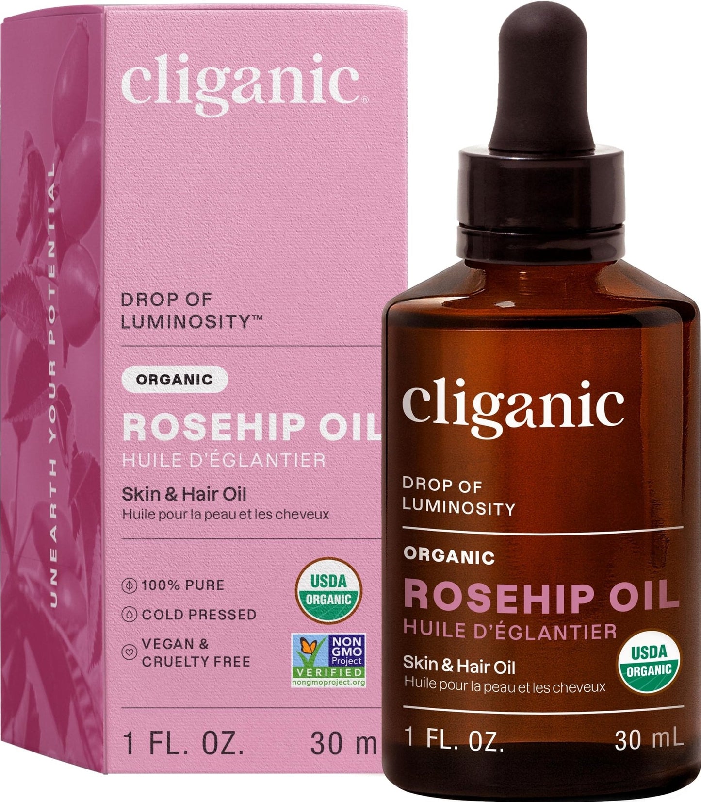 Cliganic Organic Rosehip Seed Oil for Face, 100% Pure | Natural Cold Pressed Unrefined Non-GMO | Carrier Oil for Skin, Hair & Nails - Maple Wellness Supplements