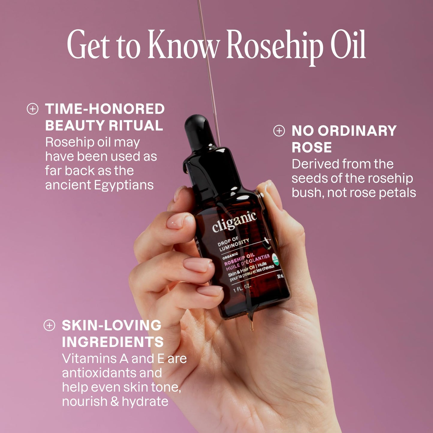 Cliganic Organic Rosehip Seed Oil for Face, 100% Pure | Natural Cold Pressed Unrefined Non-GMO | Carrier Oil for Skin, Hair & Nails - Maple Wellness Supplements