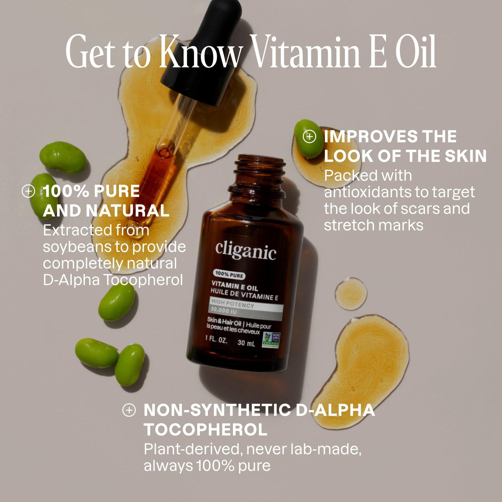 Cliganic Pure Vitamin E Oil for Skin, Scars, Hair & Face - 30,000 IU, Non-GMO Verified | Natural D-Alpha Tocopherol - Maple Wellness Supplements