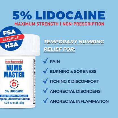 Clinical Resolution Numb Master 5% Lidocaine Numbing Cream for Pain Relief, Topical Anesthetic Burn Itch Cream Maximum Strength, Fast Acting Hemorrhoid Treatment with Vitamin E and Aloe, 1.25 Oz - Maple Wellness Supplements
