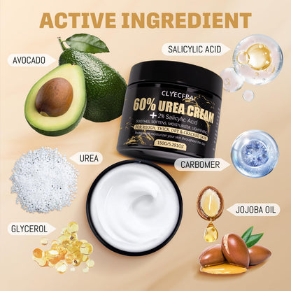 Clyecfra 60% Urea Cream with 2% Salicylic Acid, Urea Cream 60 Percent for Feet & Hands- Maximum Strength Moisturizer for Rough, Dry, Thick & Cracked Skin, Callus Remover, Deep Hydration, 150g - Maple Wellness Supplements