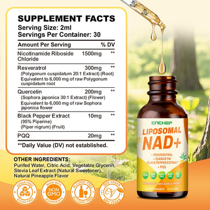 CNCHEF Liposomal NAD Supplement - 1500mg NAD+ Liquid Drop for Women & Men Nicotinamide Riboside Chloride & Resveratrol Complex - Cellular Renewal, Anti-Aging Support - 30 Servings (2 fl oz) - Maple Wellness Supplements