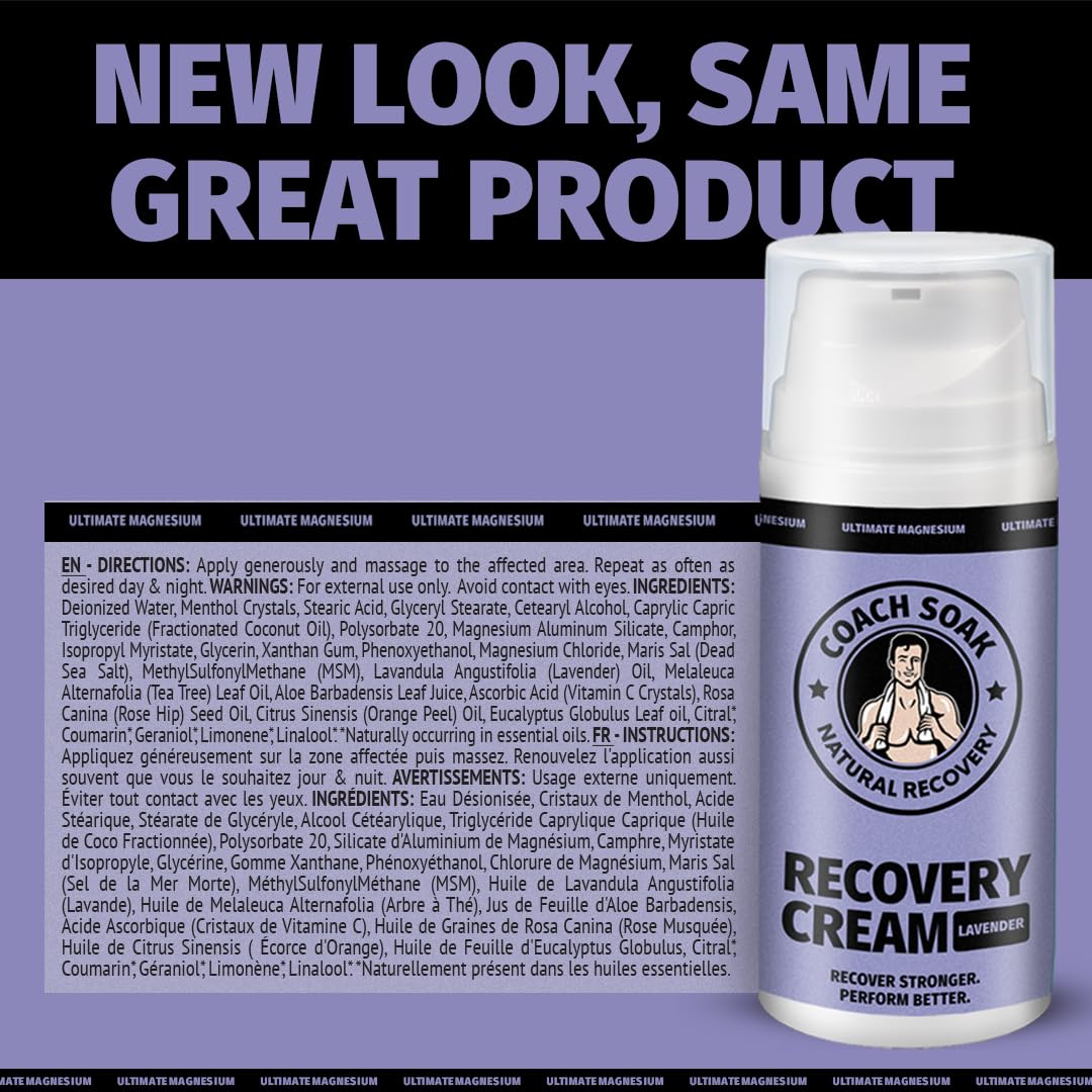 Coach Soak Magnesium Cream with MSM in Pump Bottle - Natural Recovery Cream with Magnesium Chloride & Menthol - Fast-Absorbing for Muscles & Joints, Lavender 3.4oz - Maple Wellness Supplements