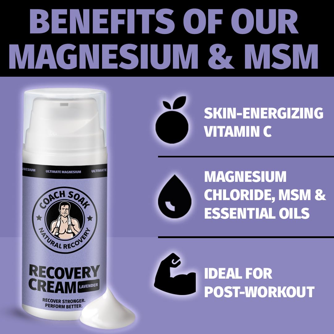 Coach Soak Magnesium Cream with MSM in Pump Bottle - Natural Recovery Cream with Magnesium Chloride & Menthol - Fast-Absorbing for Muscles & Joints, Lavender 3.4oz - Maple Wellness Supplements