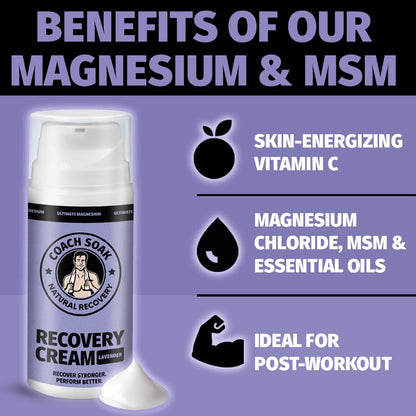 Coach Soak Magnesium Cream with MSM in Pump Bottle - Natural Recovery Cream with Magnesium Chloride & Menthol - Fast-Absorbing for Muscles & Joints, Lavender 3.4oz - Maple Wellness Supplements