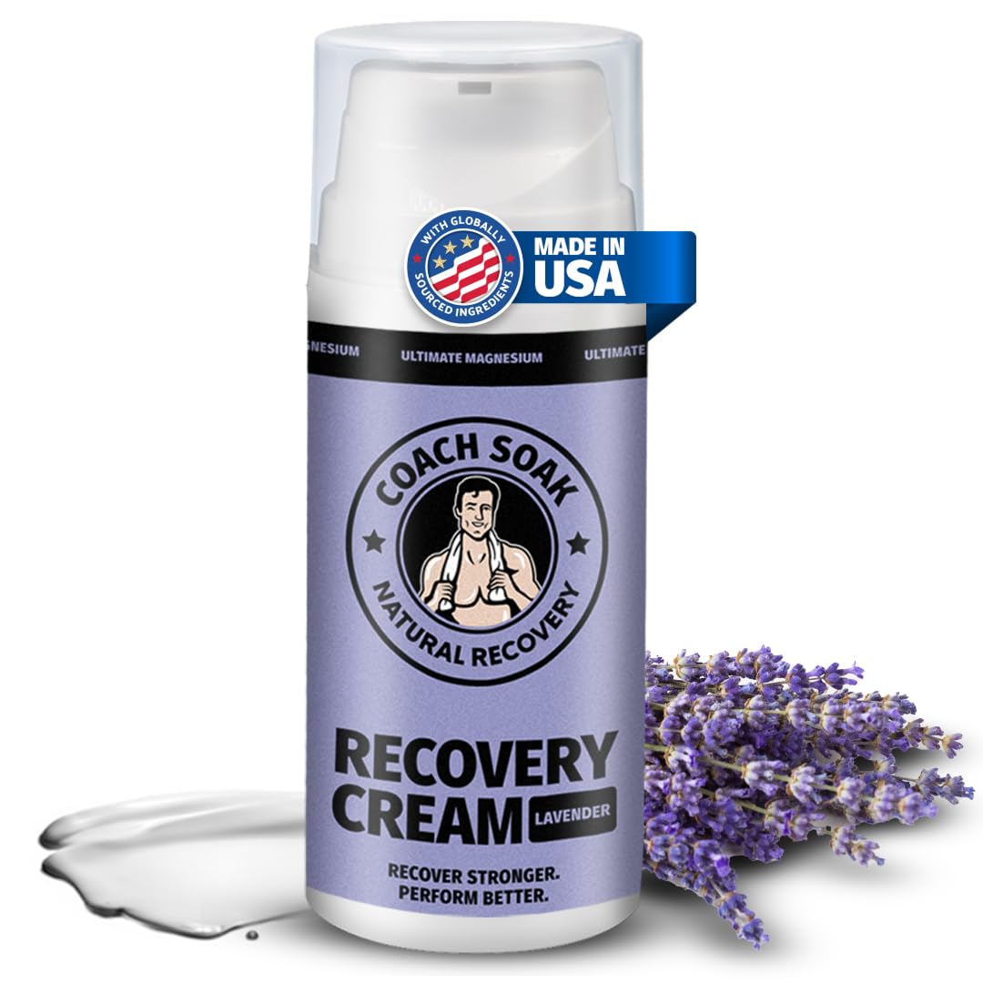 Coach Soak Magnesium Cream with MSM in Pump Bottle - Natural Recovery Cream with Magnesium Chloride & Menthol - Fast-Absorbing for Muscles & Joints, Lavender 3.4oz - Maple Wellness Supplements